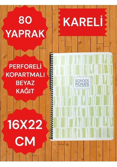 Kareli 16x22 80 Yaprak Telli Defter Karton Kapak Perforeli Yeşil