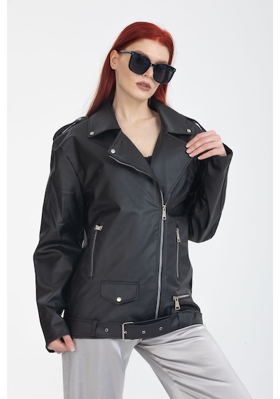 Pin Fashion Kadın Oversıze Tarz Uzun Deri Ceket Siyah Siyah