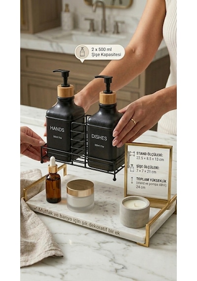 Makri Home Stantlı Bambu Kapaklı İkili Cam Sıvı Sabunluk & Deterjanlık Seti 2 500 Ml, 22,5 8,5 24 Cm Siyah