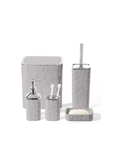 Makri Home 5 Parça Banyo Seti, Kalp Desenli, Gri Silver, Kare, Click Kapaklı, Hacim: 8 Litre Gri