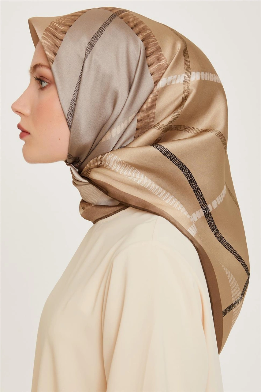 Armine Geometrik Desenli Twill Saf İpek Eşarp 9206d 11 Vizon