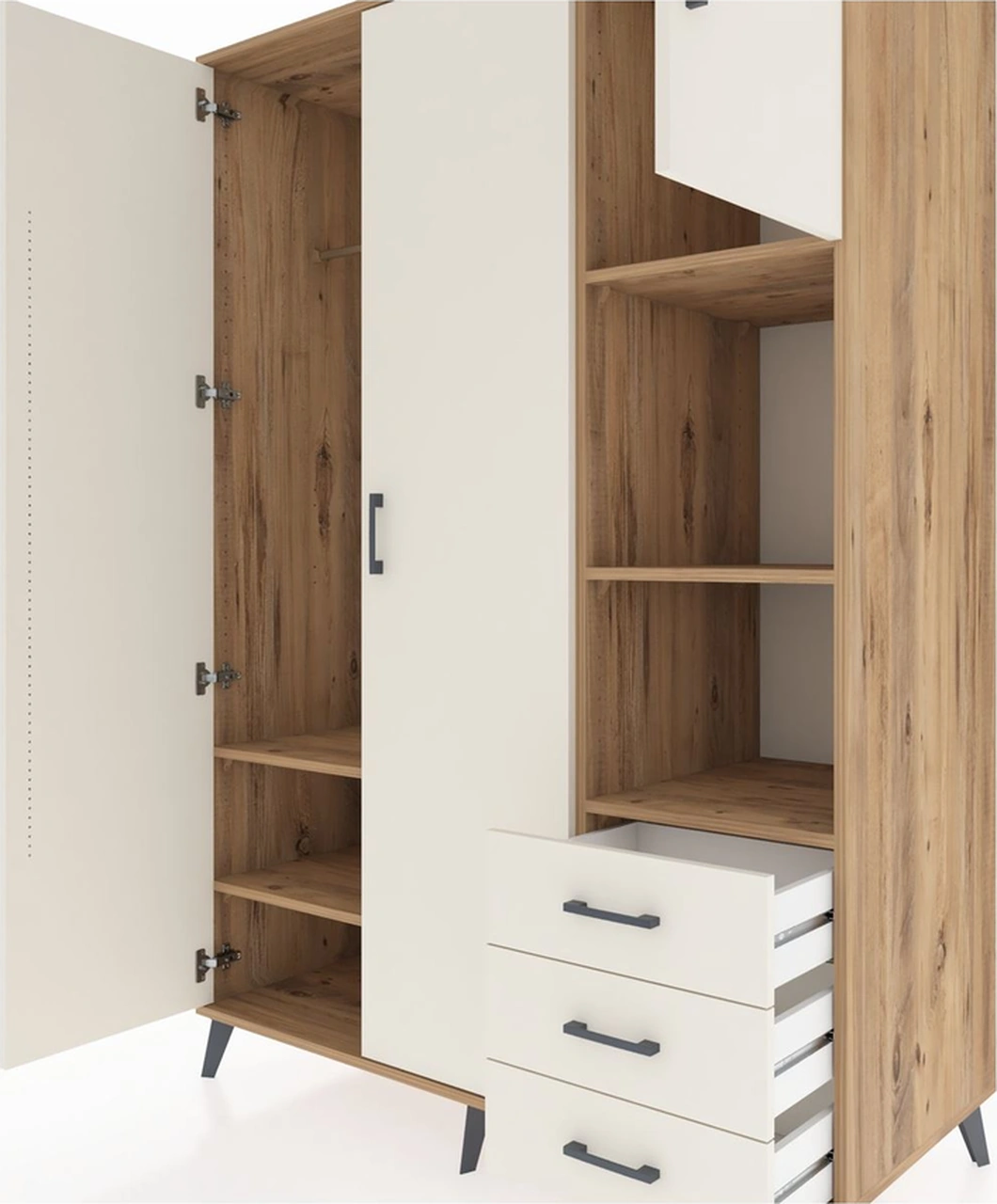 Kronos Dolap 5 Raflı 3 Çekmeceli Tek Askılı 132x59x195 Çam-ay... Çam