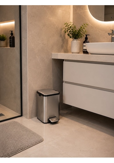 Morponi Amortisörlü Pedallı Çöp Kovası Banyo Çöp Kovası 5 Lt Krom