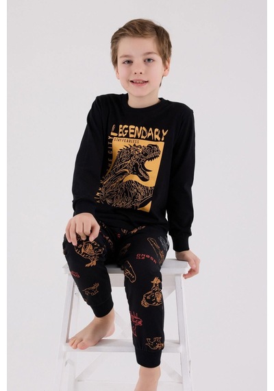 Rolypoly Erkek Çocuk Dinazorlu Uzun Kol Süprem Pijama Takım Siyah Siyah
