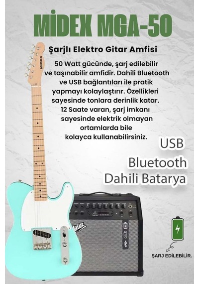 Midex Tlx-50gr-50amp Tele Kasa Maple Klavye 2 Single-coil 50w Amfili Elektro Gitar