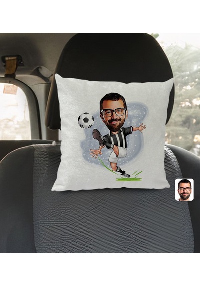 Bk Gift Kişiye Özel Siyah Beyaz Futbolcu Karikatürlü Kare Araç Koltuk Yastığı-1