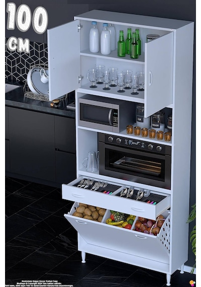 Belin 100 Cm Fırın Dolabı Kahve Köşesi Kapaklı Sepetli Mutfak Kiler Dolabı Banyo Dolabı 100x226x32cm Beyaz