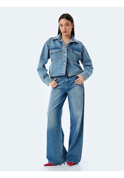 Koton Cep Detaylı Klasik Yaka Düğmeli Denim Ceket Açık İndigo 5sal50004md Açık İndigo