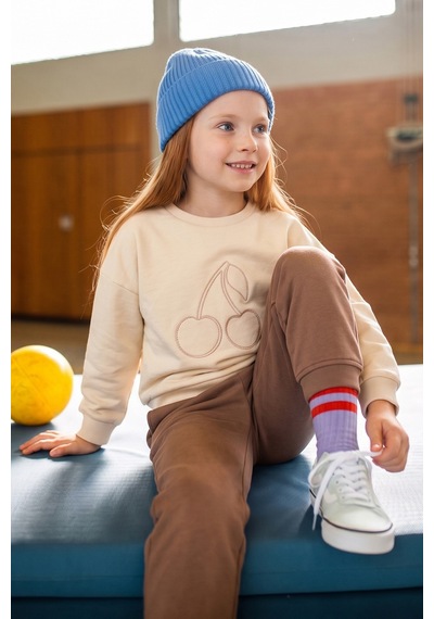 Fullamoda Kiraz Nakışlı Bisiklet Yaka Kız Çocuk Sweatshirt Bej
