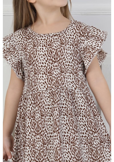 New Kids Leopar Desenli Kız Çocuk Elbise-90721 Kahverengi