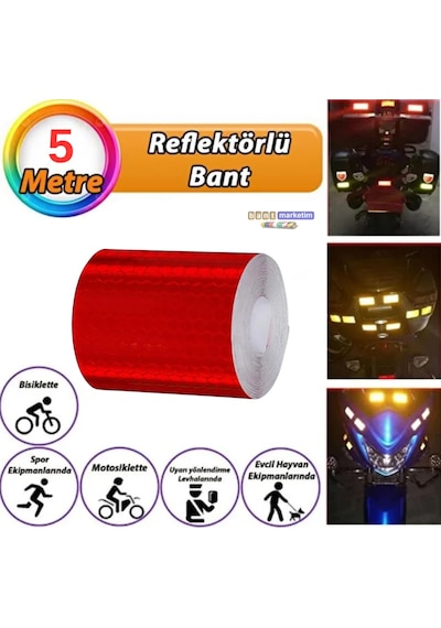 Reflektörlü Reflektif Fosforlu Şerit Bant Petekli Reflekte I Kaz Bandı 5 Cm X 5 Metre Kırmızı