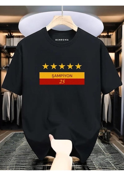 Şampiyon 25 Baskılı Unisex Tişört SIYAH