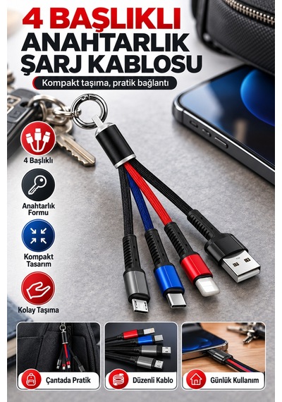 4 Başlıklı Anahtarlıklı Şarj Kablosu