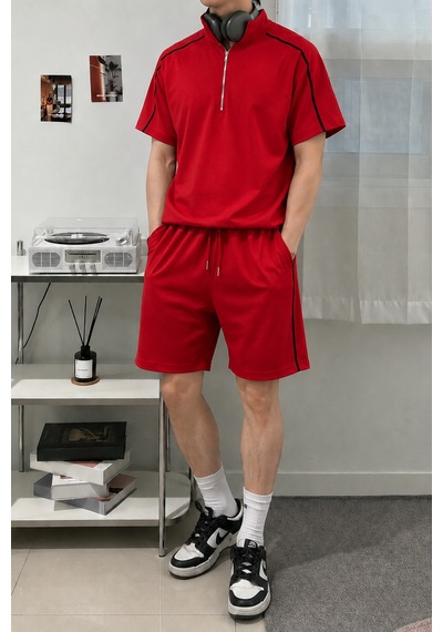 Cool Tarz Erkek Yarım Fermuarlı Şerit Detaylı Şort Takım Regular Fit 2 İplik Şardonsuz Kırmızı Kırmızı Cool Tarz Erkek Yarım Fermuarlı Şerit Detaylı Şort Takım Regular Fit 2 İplik Şardonsuz Kırmızı Kırmızı
