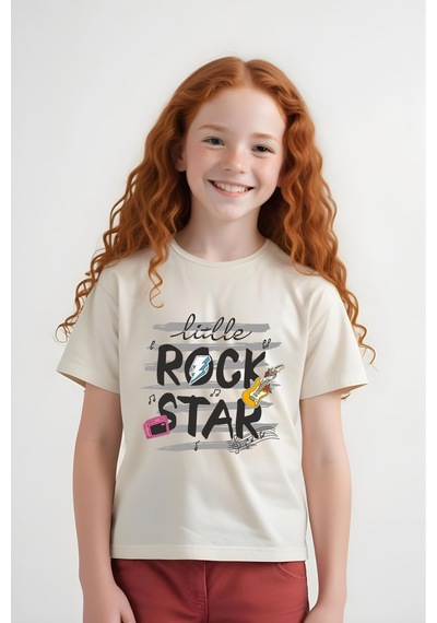 Panios Kids Little Rock Baskılı Kız Çocuk Kısa Kollu T-shirt Krem