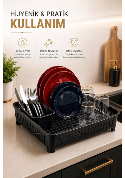 Sas Haus Bulaşıklık Tezgah Üstü Tabak Bardak Kurutmalık Plastik Bulaşık Sepeti 33x41 Cm Siyah S-10567