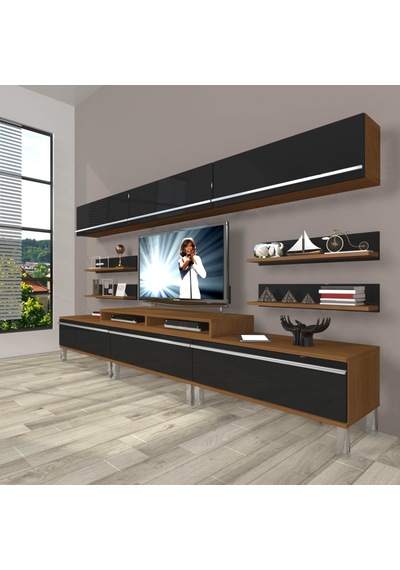 Decoraktiv Ekoflex 8y Mdf Krom Ayaklı Tv Ünitesi Tv Sehpası Ceviz - Siyah