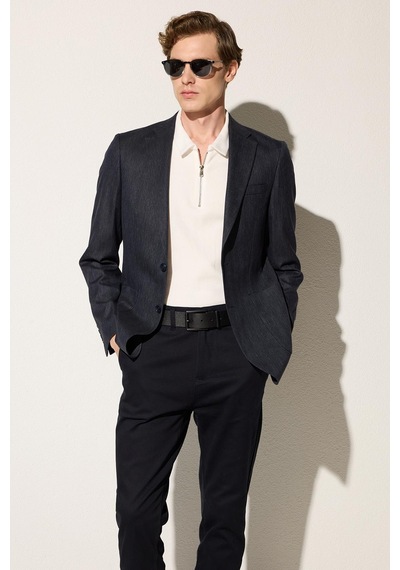 Tudors Erkek Slim Fit Mono Yaka Çift Yırtmaçlı Casual Lacivert Tek Ceket-33912 Lacivert