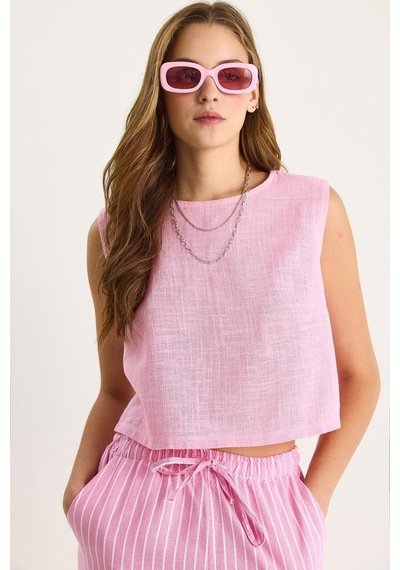 Shade Kadın Kolsuz Keten Bluz 3419-1 60282023 - Şeker Pembe