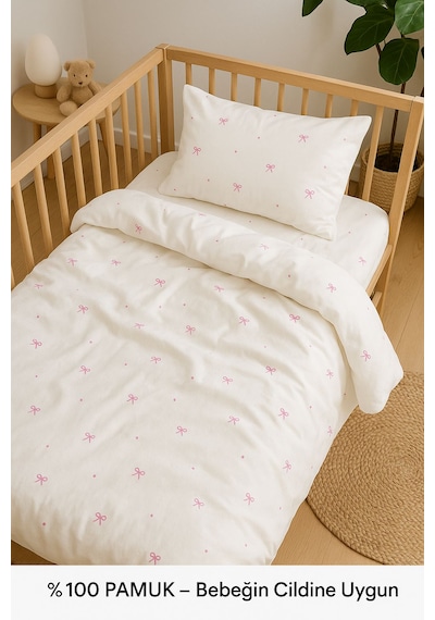 Uçkan Home %100 Pamuk Bebek Nevresim Seti Cilt Dostu 002 Beyaz - Pembe
