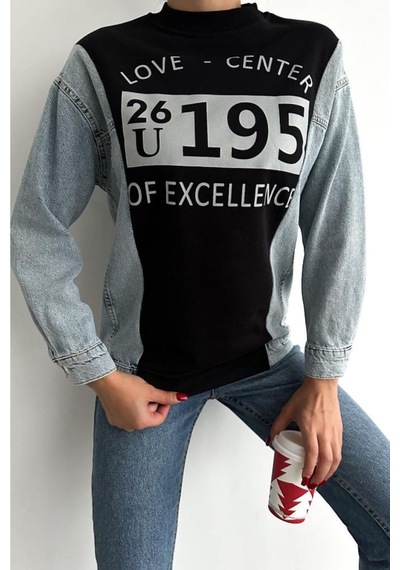 Femelle Kadın Baskılı Kolu Kot Içi Şardonlu Pamuk Sweatshirt siyah