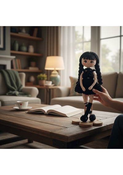 Tığ İşi Amigurumi Kız Bebek Bej - Siyah