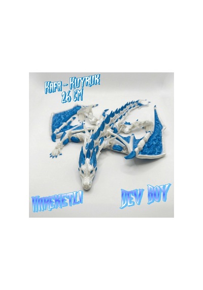 Atatug Dev Boy İpeksi Royal Mavi Ve Beyaz Kanatlı Ejderha Figürü - 23x23 Cm 3d Baskı Hediye