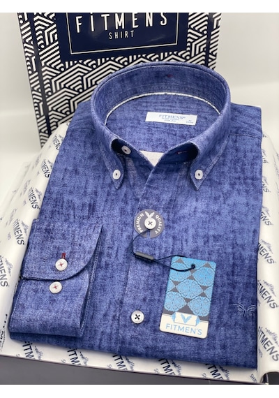Slim Fit Uzun Kol Müslin Dijital Baskılı Hediye Kutulu Erkek Gömlek Fs-004599 - Lacivert-3362