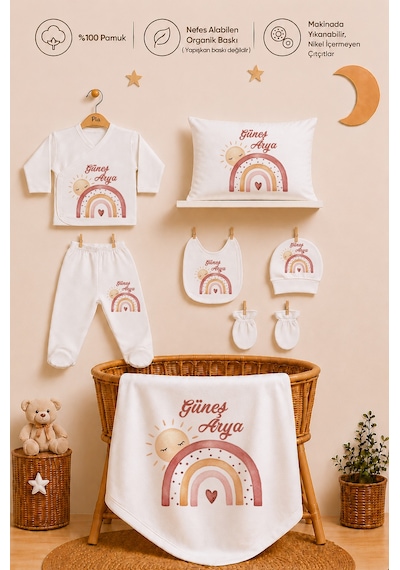 Pia Baby Kız Bebek Hastane Çıkışı Seti 11 Parça %100 Pamuk Kişiye Özel İsim Baskılı 1062110x Ekru