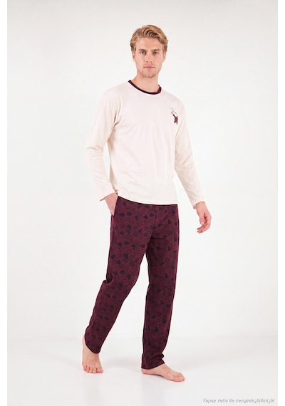 Buratti Baskılı Pamuklu Bisiklet Yaka Uzun Kollu Pijama Takımı Erkek Pijama Takımı 6575004 Bordo