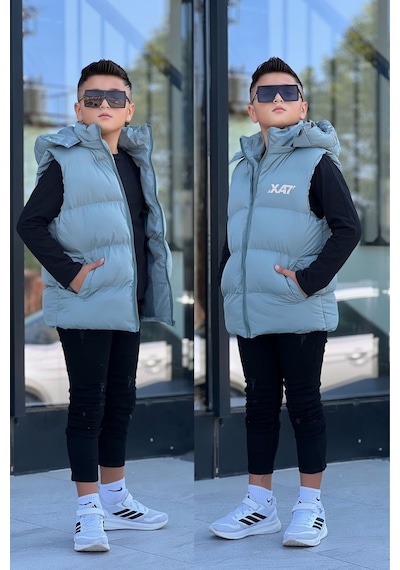 Pina Kids Erkek Çocuk Baskılı Çıkarılabilir Kapüşonlu Şişme Yelek 3017 Mint Yeşili