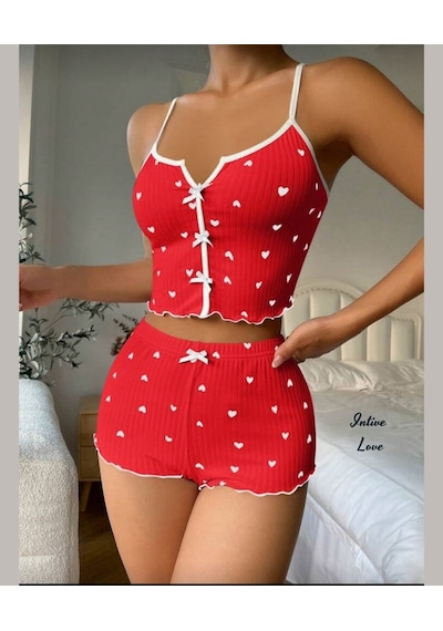 Intive Comfort Kalp Desenli V Yaka İnce Askılı Mini Şortlu Büstiy Kırmızı