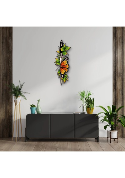 Antik Bıçak, Yapraklar Ve Kelebek - Metal Tablo - Dec0269 27 X 75 Cm Çok Renkli