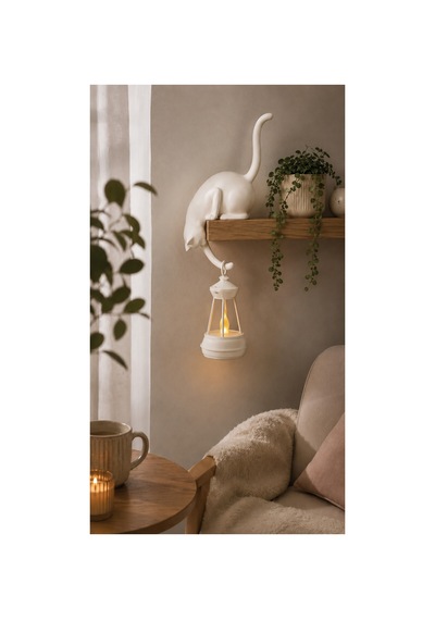 Dekoratif Kedi Raf Süsü Ve Led Fener Seti 24cm Modern Masa & Duvar Dekoru Beyaz