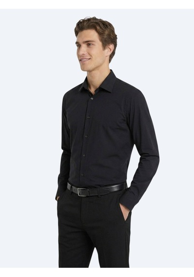 Kip Siyah Düz Regular Fit Uzun Casual Gömlek