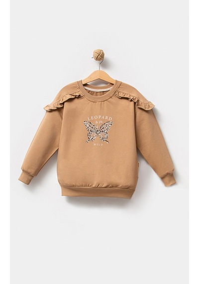 Overdo Kids Pamuklu Baskılı Uzun Kol Kız Çocuk Sweatshirt Kahverengi