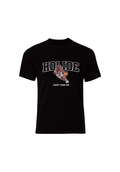 Basketbolcu Sevimli Ayıcık Baskılı Özel Tasarım Unisex Siyah Tshirt SIYAH