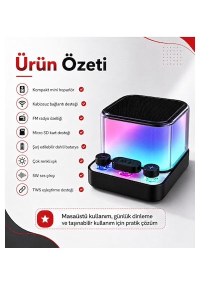 Mini Bluetooth Hoparlör Rgb Işıklı 5w Tws Fm Radyo Micro Sd Kart Destekli Şarjlı Ses Bombası Henüz Yorum Yazılmamış.