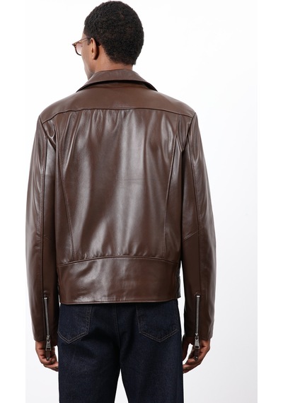 Antioch 100% Deri Biker Ceket Kahve