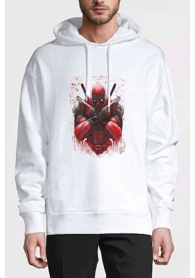 Deadpool Two Guns Baskılı Beyaz Erkek Örme Kapşonlu Sweatshirt