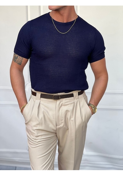 Modefendi Yuvarlak Yaka Örme Detaylı Pamuk Yapılı Slim Fit Tshirt Lacivert