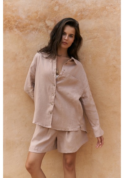 Mai Collection Mai Studios Co. Gaelil Oversize Vizon Keten Gömlek Şort Takım Vizon