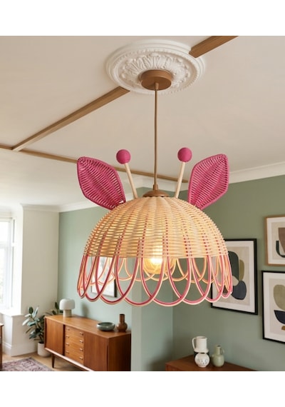 Zürafa Model Pembe Rattan Avize Ekru