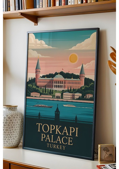 Topkapı Sarayı Tablo - Retro İstanbul Posteri - Osmanlı Mirası Duvar Dekoru - Çerçeveli İllüstrasyon Siyah