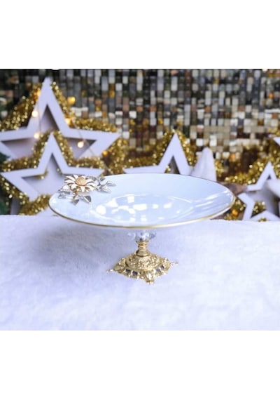 Çnr Home Collection Metal Ayakli Yaldizli Porselen Sunumluk Kurabikyeli Beyaz