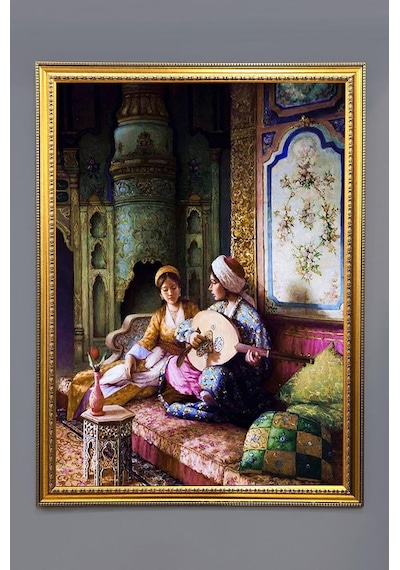 Ud Öğrenen Hanım Sultan Dijital Baskılı Kadife Kumaş Çerçeveli Tablo Tbl0054