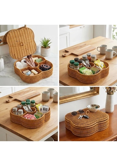 Kapaklı 5 Bölmeli Plastik Rattan Organizer Kutu Hasır Desenli Çok Amaçlı Saklama Ve Sunum Sepeti Çerezlik 50 Çok Renkli