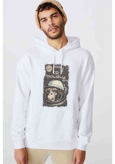 To Boldly Go Baskılı Beyaz Erkek Örme Kapşonlu Sweatshirt