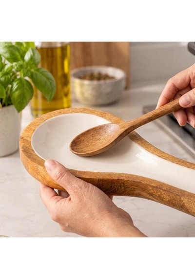 Mango Ağacı Yatay Kaşıklık 25 X 12 Cm, Parlak Krem İç Yüzeyli Ahşap Kaşık Altlığı, Kepçe, Spatula Ve Servis Gereçleri İçin Mutfak Tezgâhı Düzenleyici