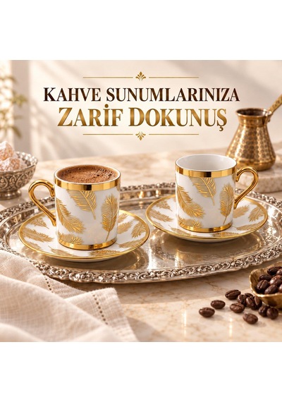 Valkyrie 12 Parça 6 Kişilik 80 Ml Türk Kahvesi Fincan Takımı Gold Yaprak Desenli K654-b